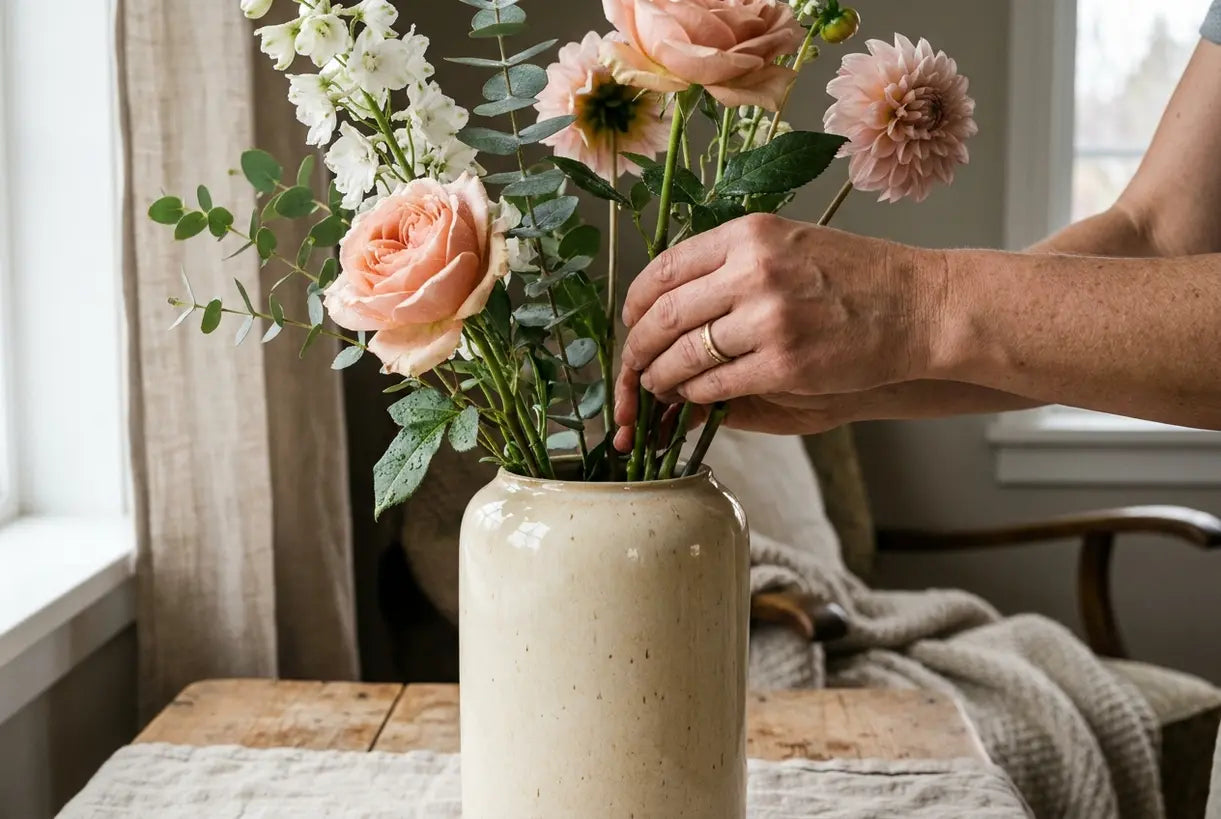 Hände arrangieren langstielige Blumen in einem hohen Vasen-Blumenarrangement