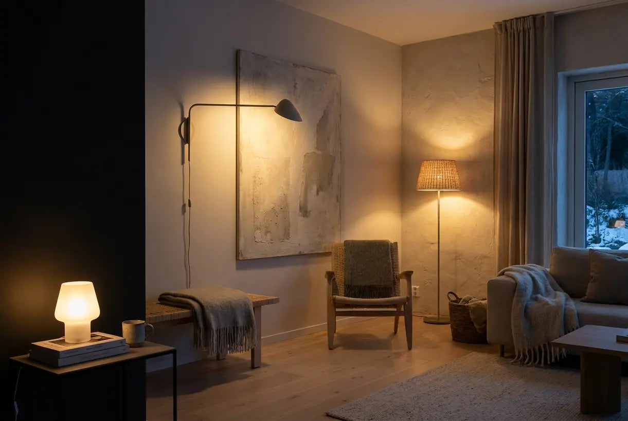 Scandinavian living room with layered accent lighting uplights spotlights corner lights