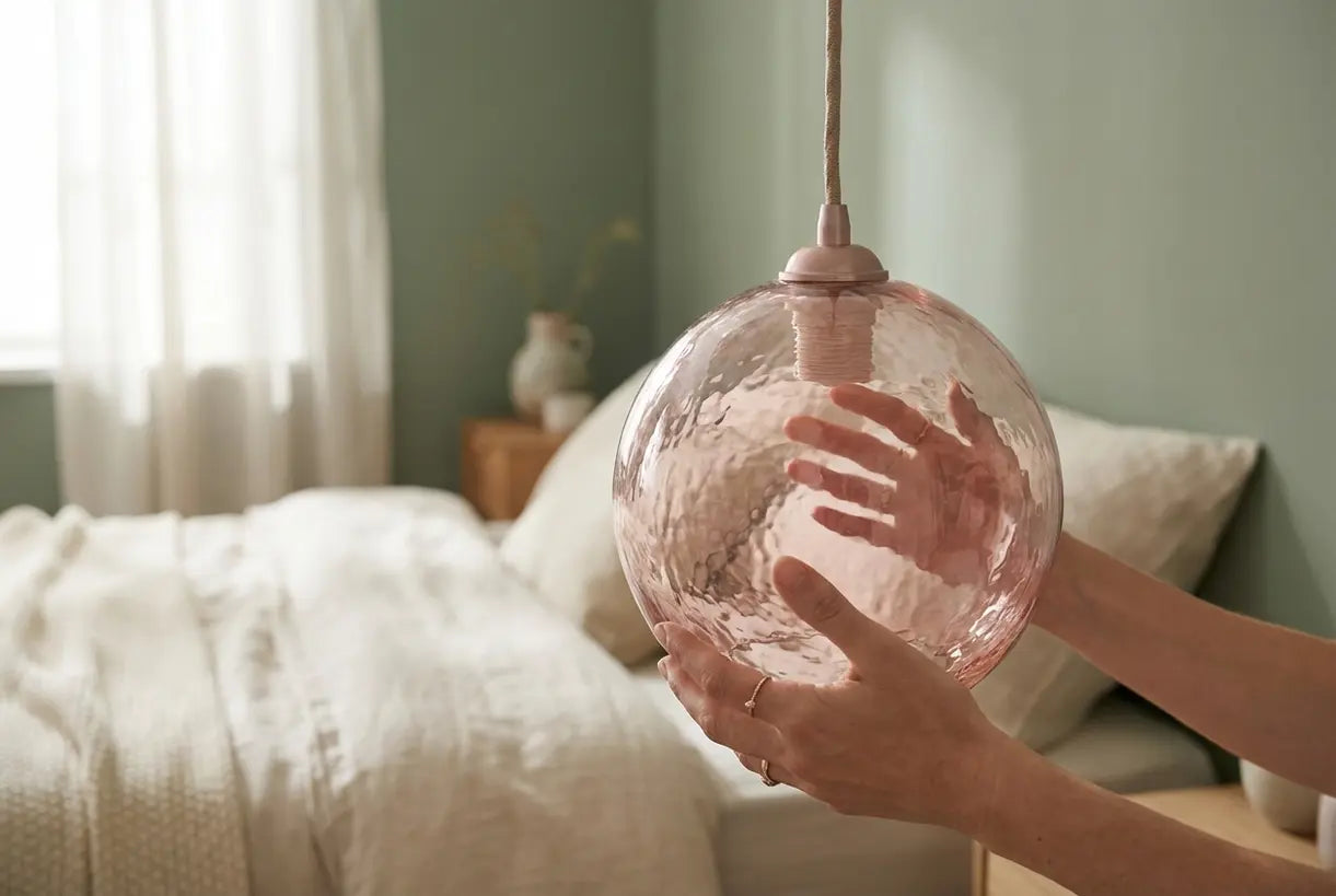 Handen passen blush roze hanglamp aan in Scandinavische slaapkamer setting