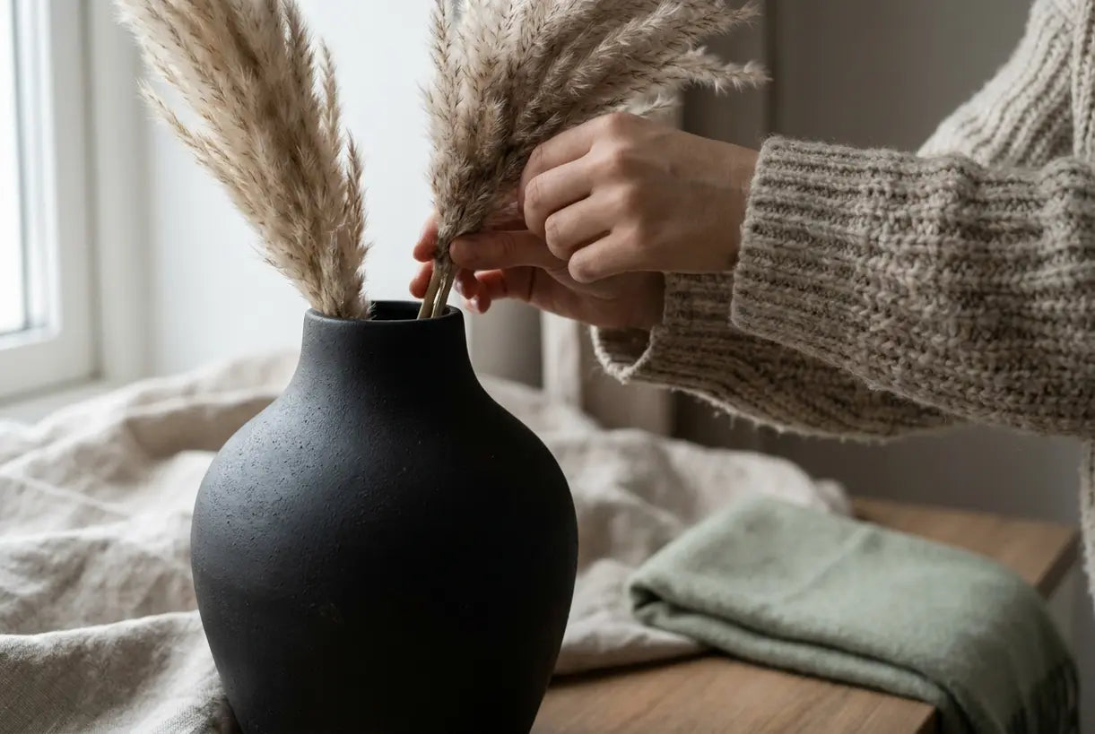 Hände stylen getrocknetes Pampasgras in einer mattschwarzen Keramikvase für nordische Wohnkultur