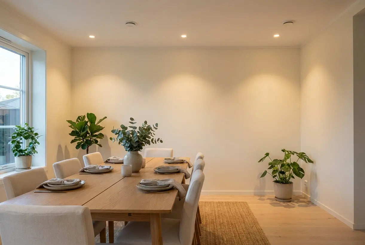 Scandinavian dining room with recessed ceiling lighting creating warm ambient illumination