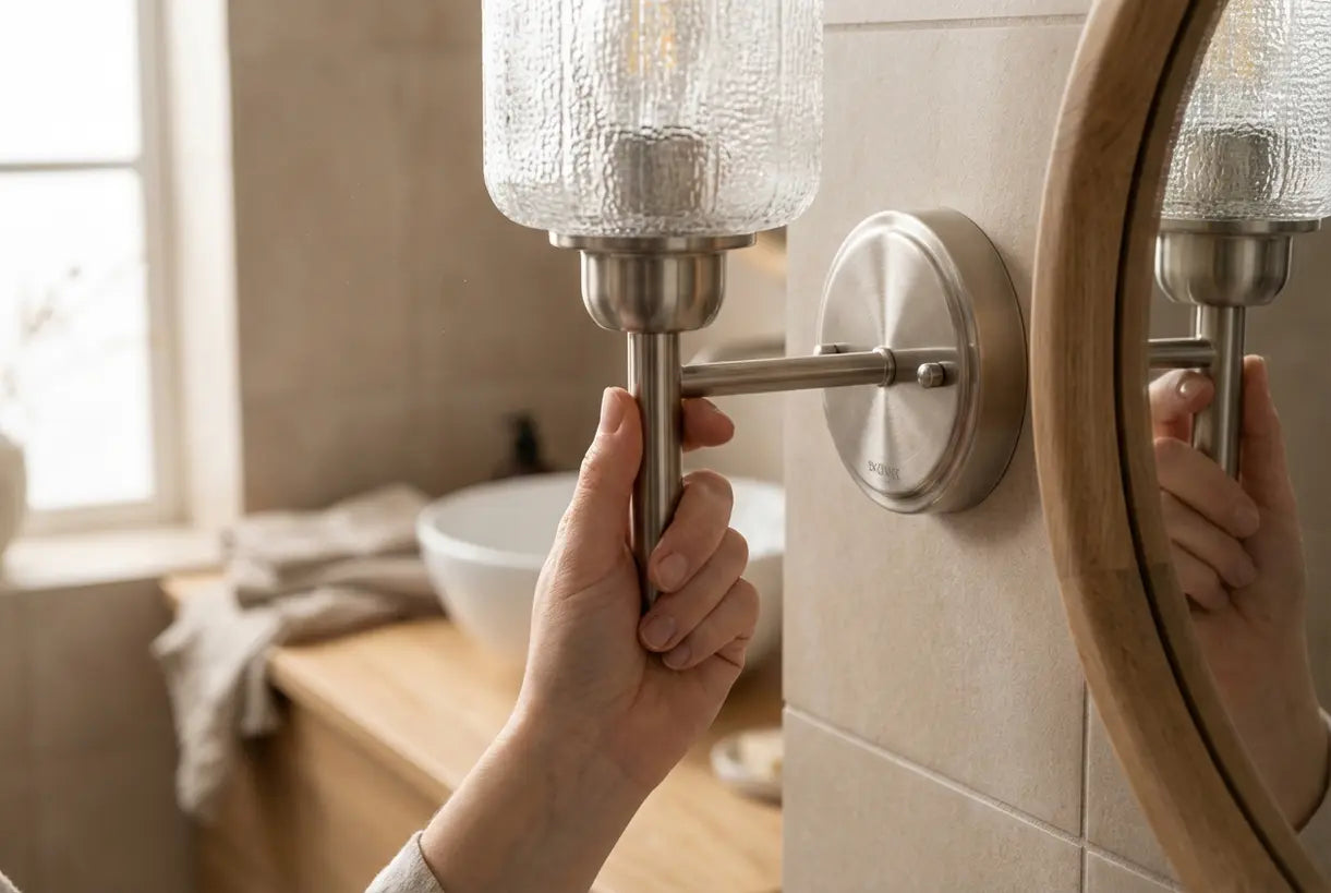 Brushed nickel bathroom wall sconce installation detail for vanity lighting