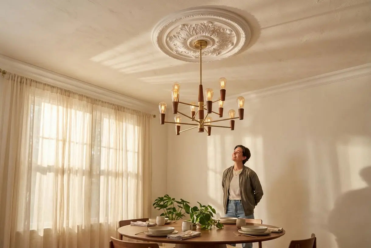 Elegante eetkamer met kroonluchter en decoratieve plafondmedailloninstallatie in Scandinavisch geïnspireerd huis