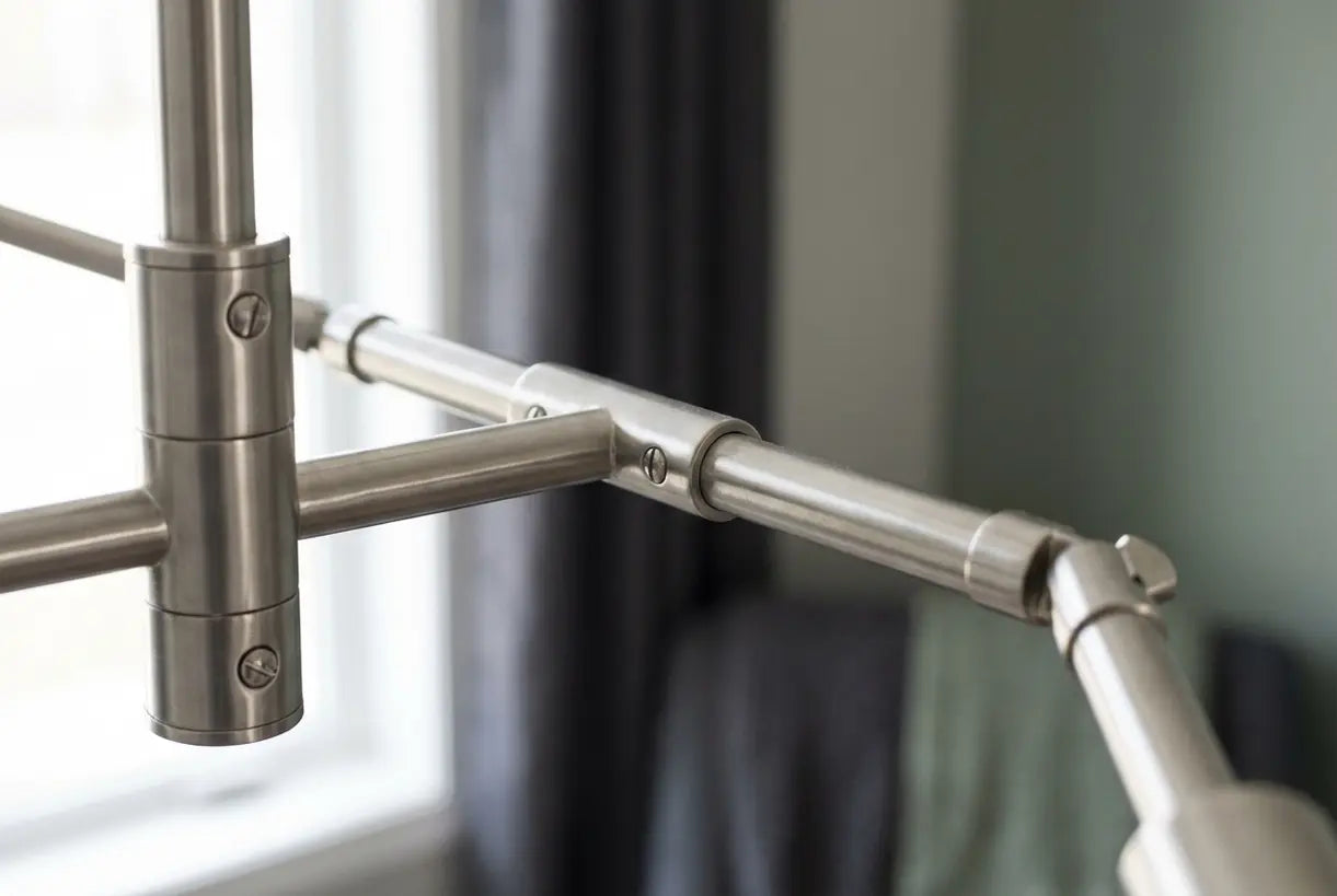 Close-up of brushed nickel modern chandelier hardware detail showing matte metallic finish