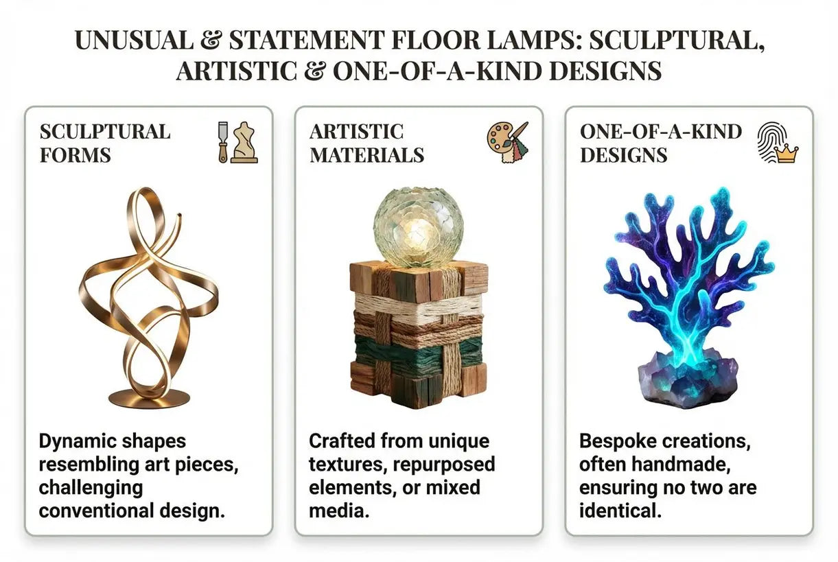 Ongebruikelijke & Statement Vloerlampen: Sculpturale, Artistieke & Unieke Ontwerpen - infographic