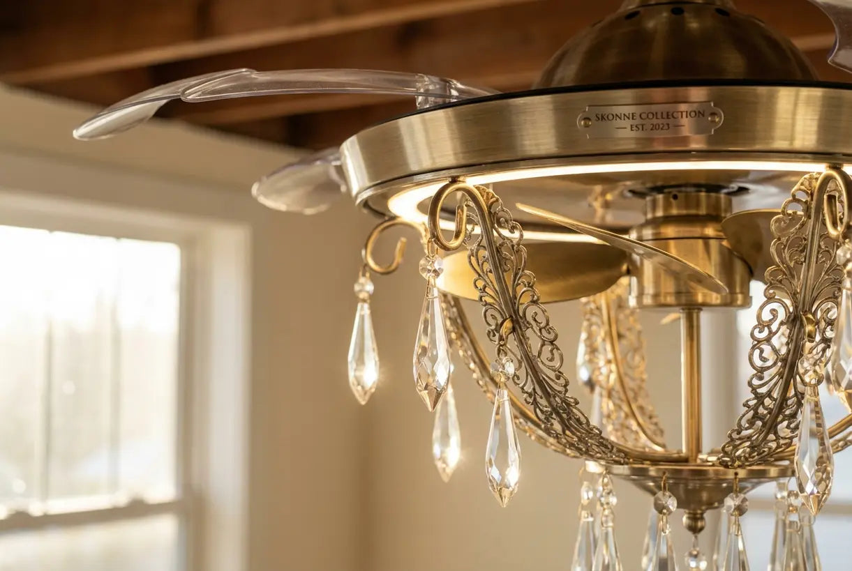Close-up of crystal chandelier ceiling fan details showing elegant lighting and fan blade combination