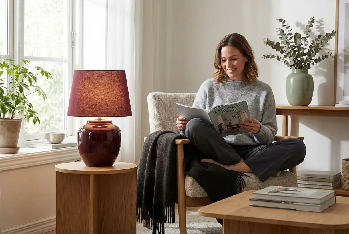 Bordeauxrode tafellamp in Scandinavische woonkamer met lezende persoon