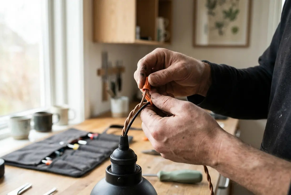 Handen bedrading van een doe-het-zelf pendelarmatuur tijdens installatie