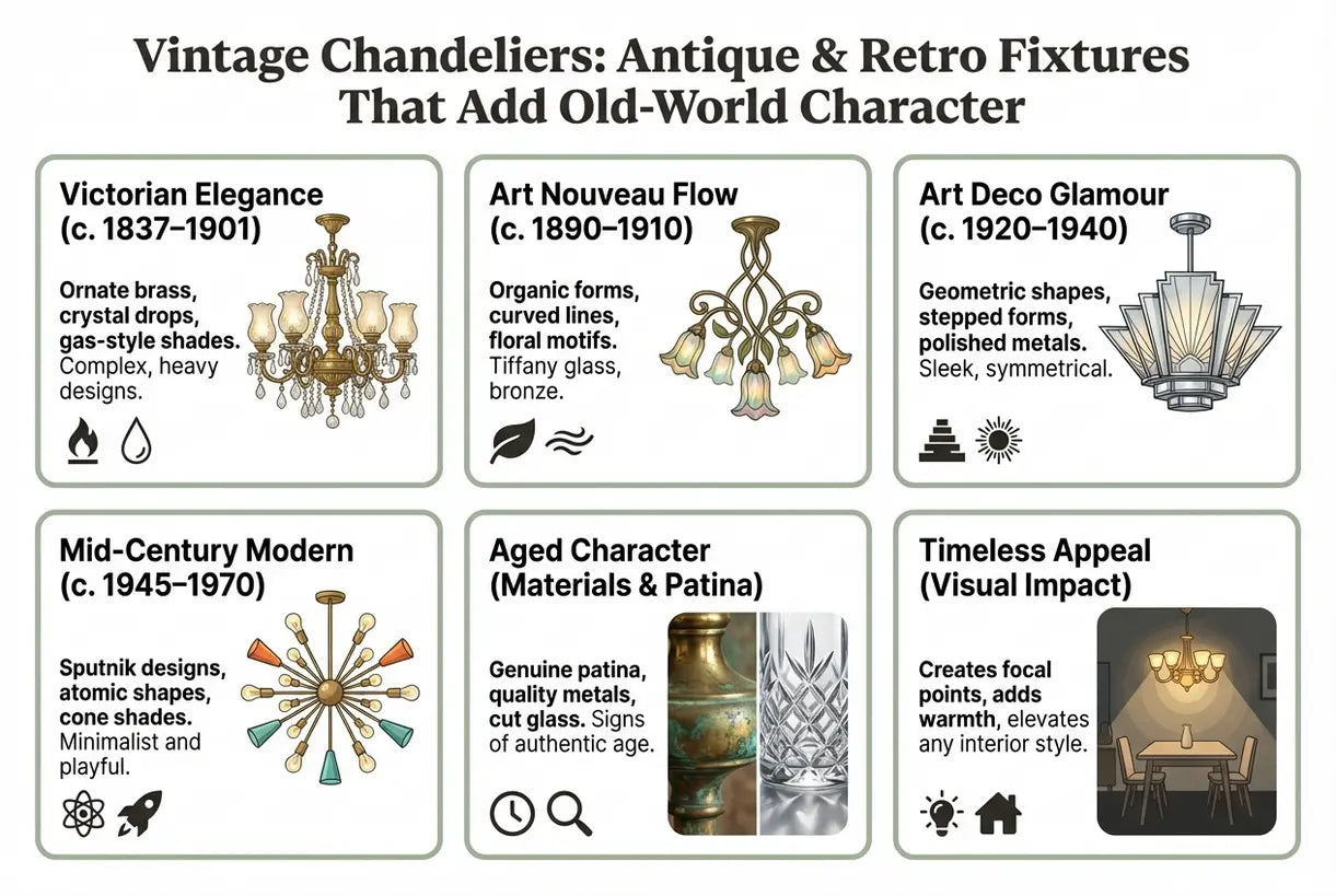 Vintage Kroonluchters: Antieke & Retro Armaturen Die Oude-Wereldse Karakter Toevoegen - infographic