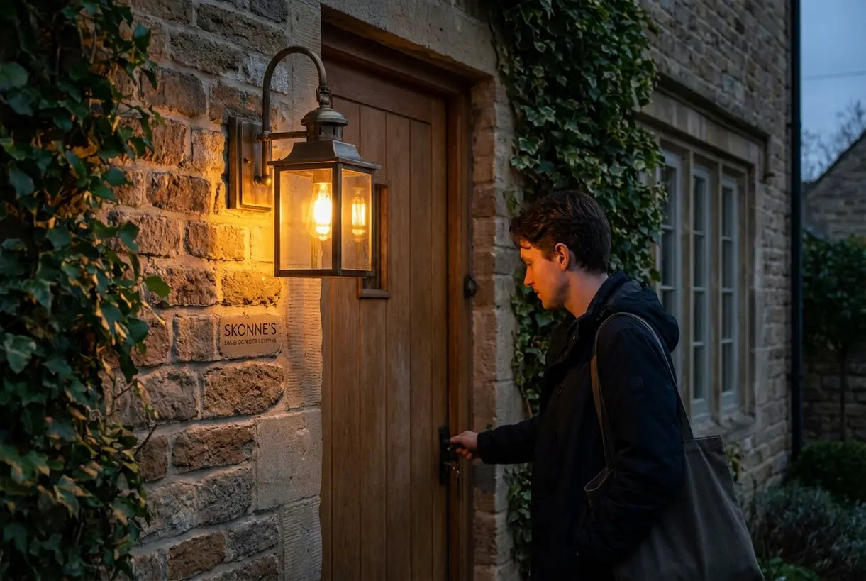 Messing buitenwandlamp straalt warm bij schemering bij klassieke voordeur