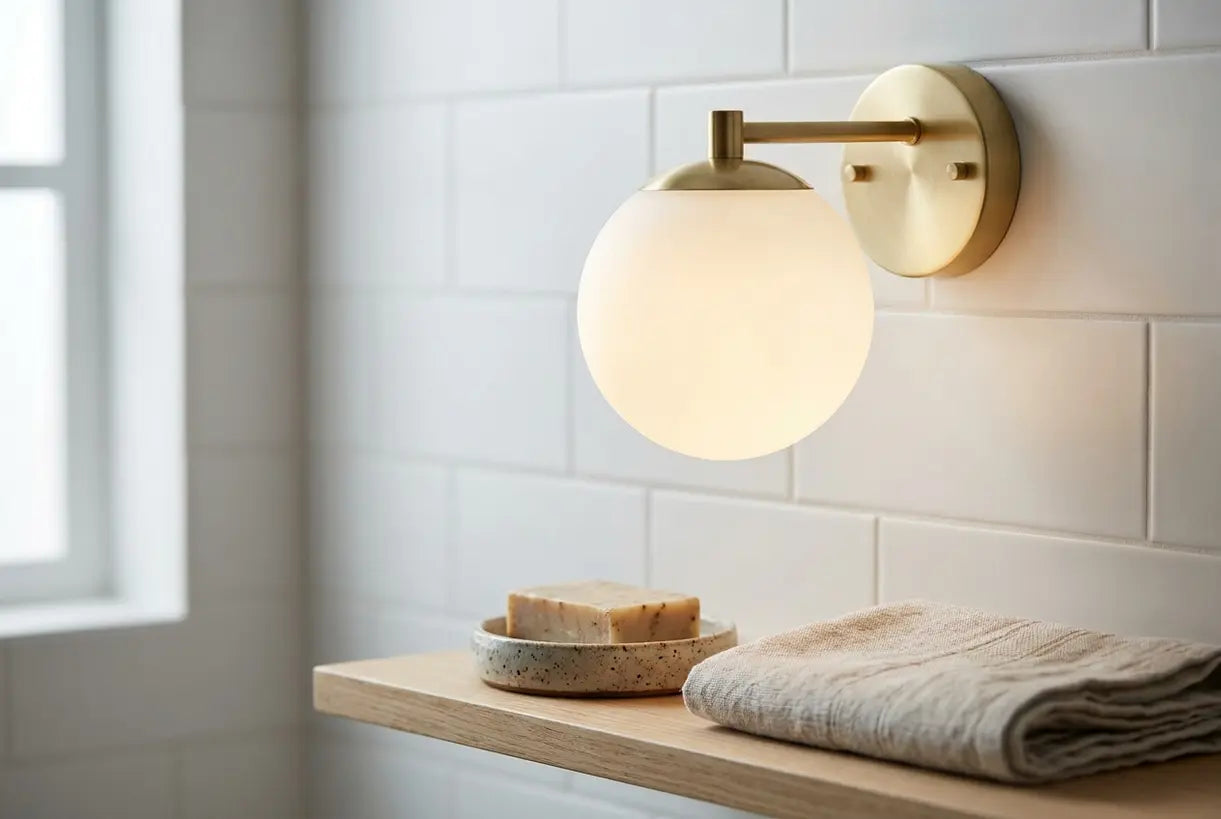 Modern Scandinavian wall sconce illuminating small bathroom with warm ambient light