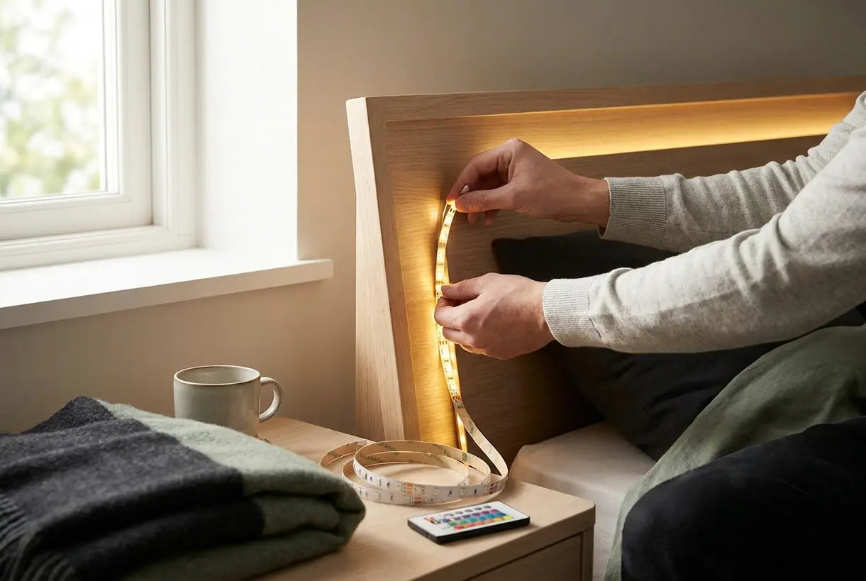 Hands installing LED strip lights behind Scandinavian headboard for warm ambient bedroom lighting