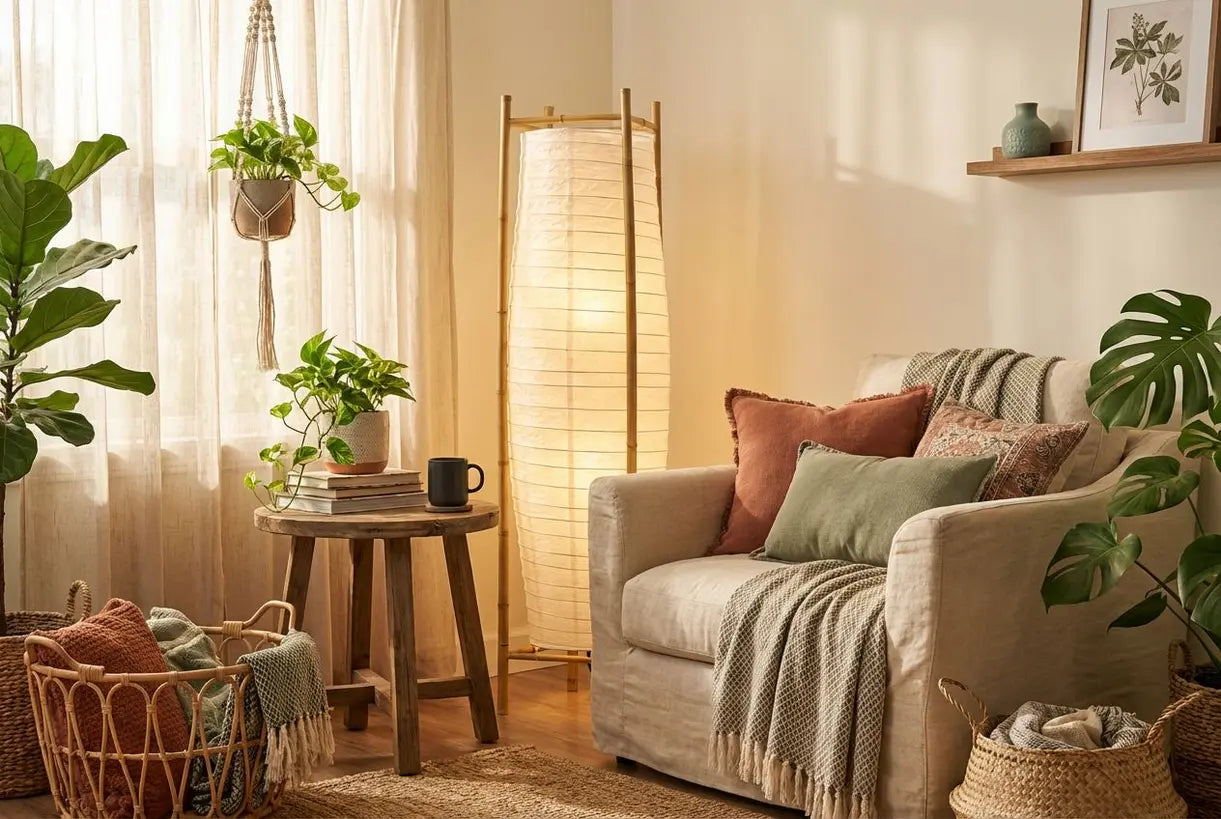 Boho-woonkamer met een vloerlamp van rijstpapier die de knusse leeshoek in warm licht zet
