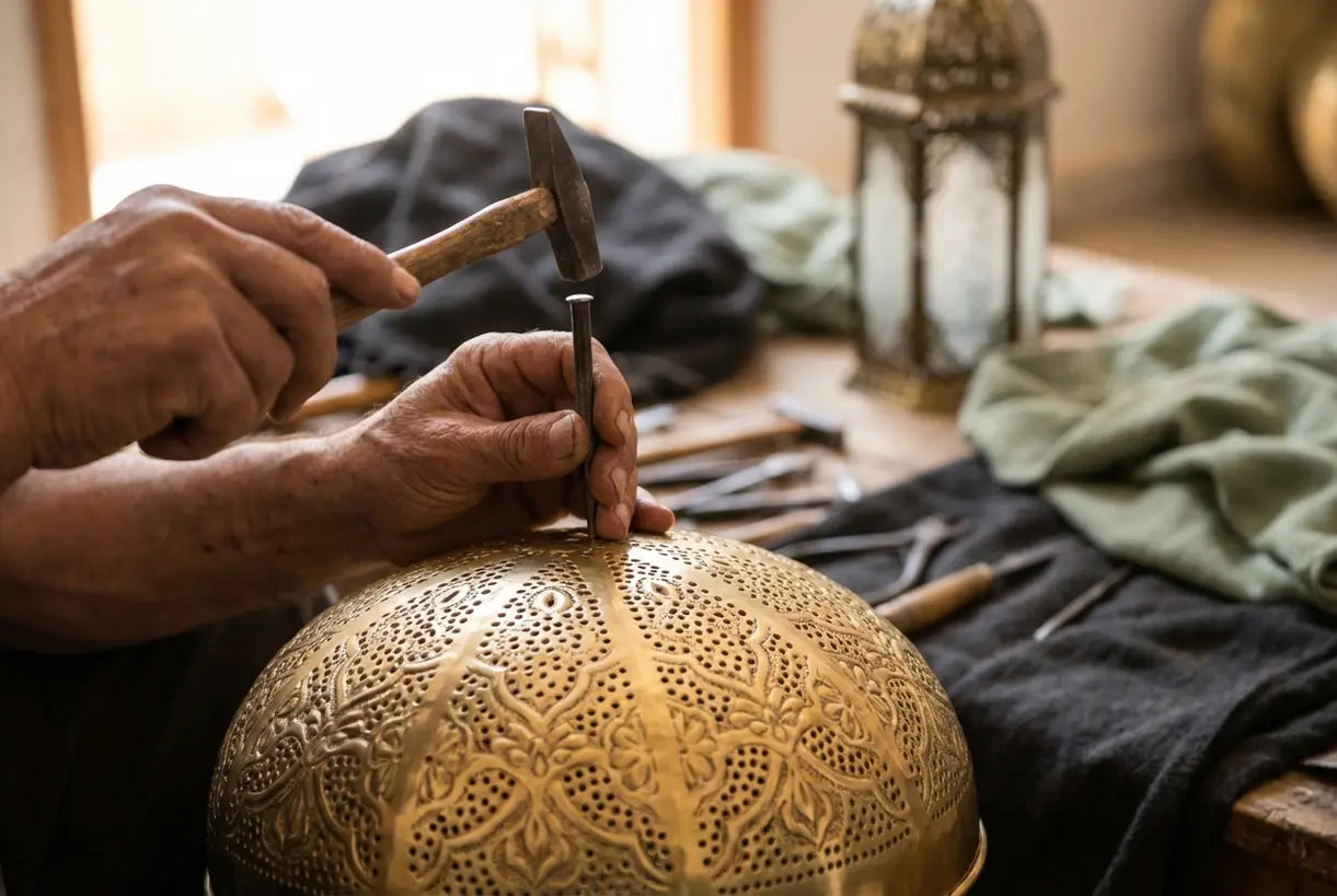 Ambachtsman die een fijn messing filigraan detail van een Marokkaanse hanglamp maakt