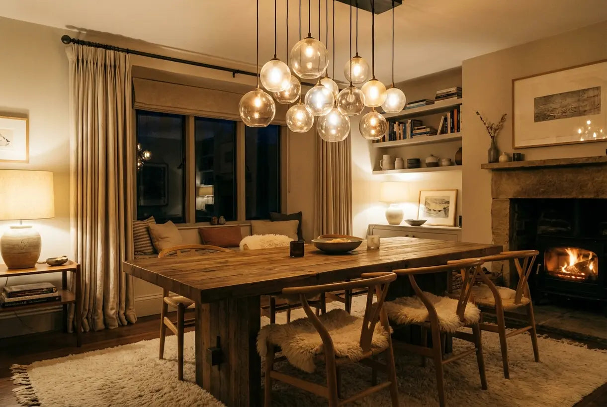 Clustered glass globe pendant lights above a dining table