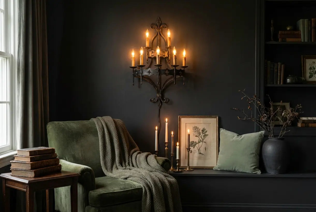 Sfeervol interieur met dramatische gotische wandlampen