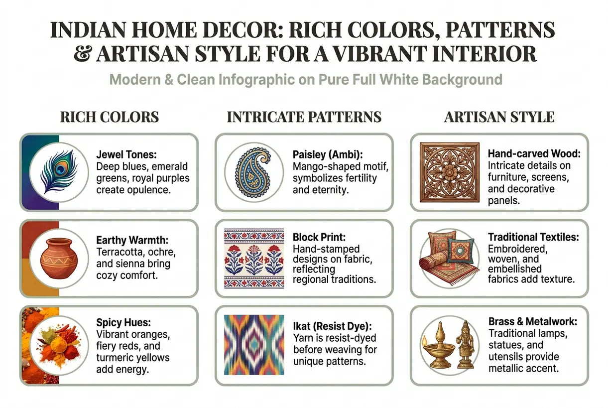 Indian Home Decor: Rich Colors, Patterns & Artisan Style for a Vibrant Interior - infographic
