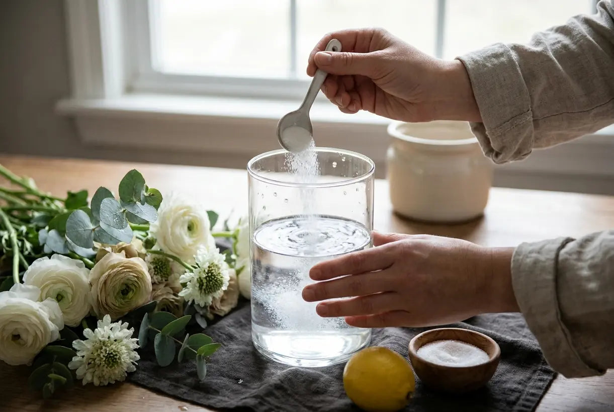 Hands making vase flower food with sugar and water for fresh cut flowers