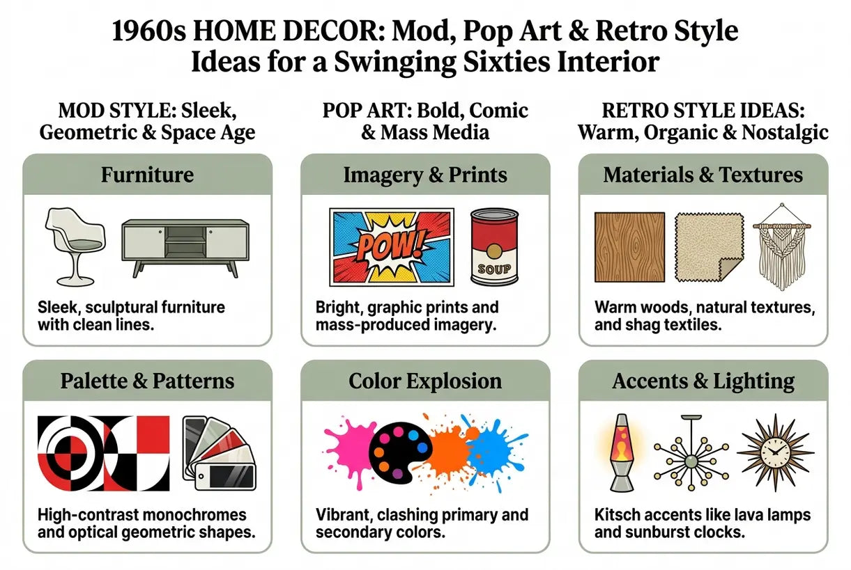 1960s Home Decor: Mod, Pop Art & Retro Style Ideas for a Swinging Sixties Interior - infographic