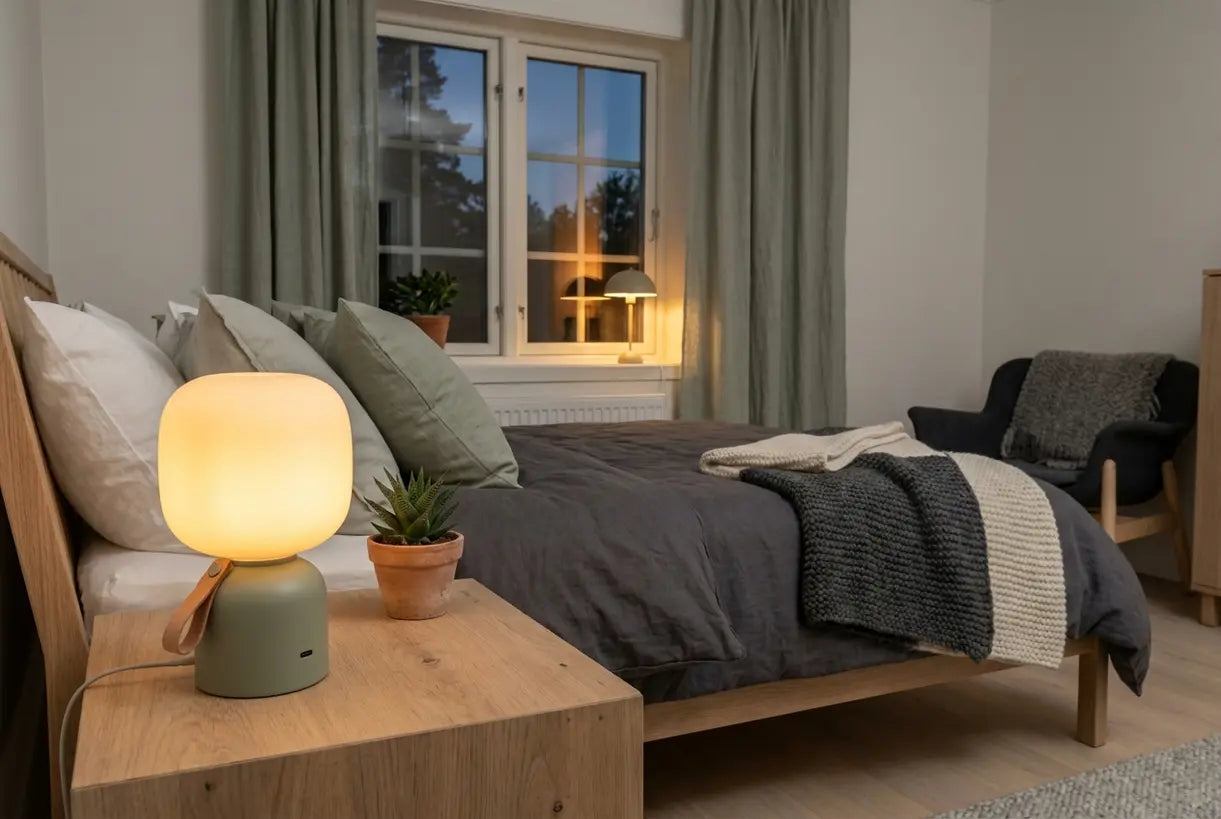 Scandinavische slaapkamer met oplaadbare draadloze nachtlamp die warme sfeerverlichting creëert