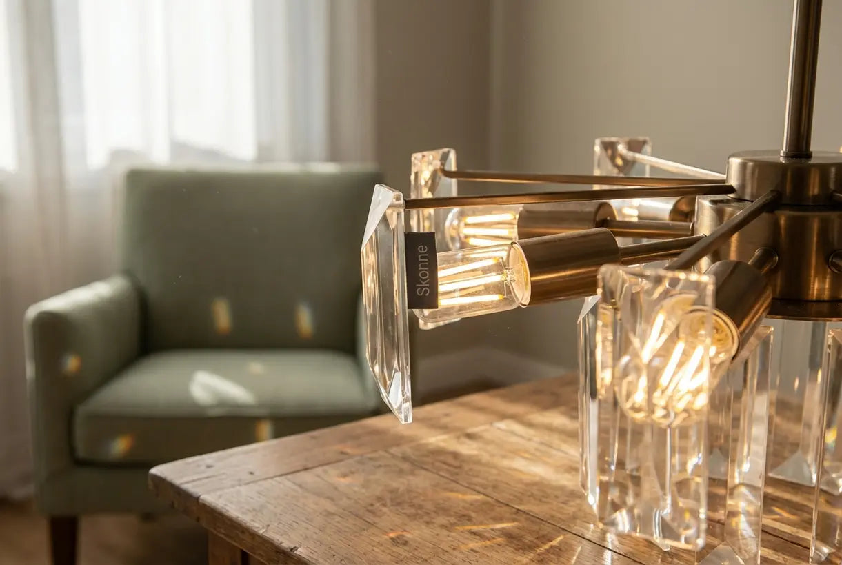 Modern LED chandelier with warm glowing light showing energy-efficient technology
