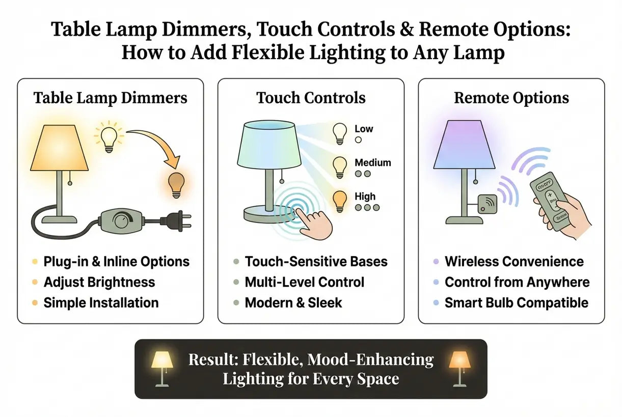 Tafellampdimmers, aanraakbediening en afstandsbedieningsopties: hoe je flexibele verlichting aan elke lamp kunt toevoegen - infographic