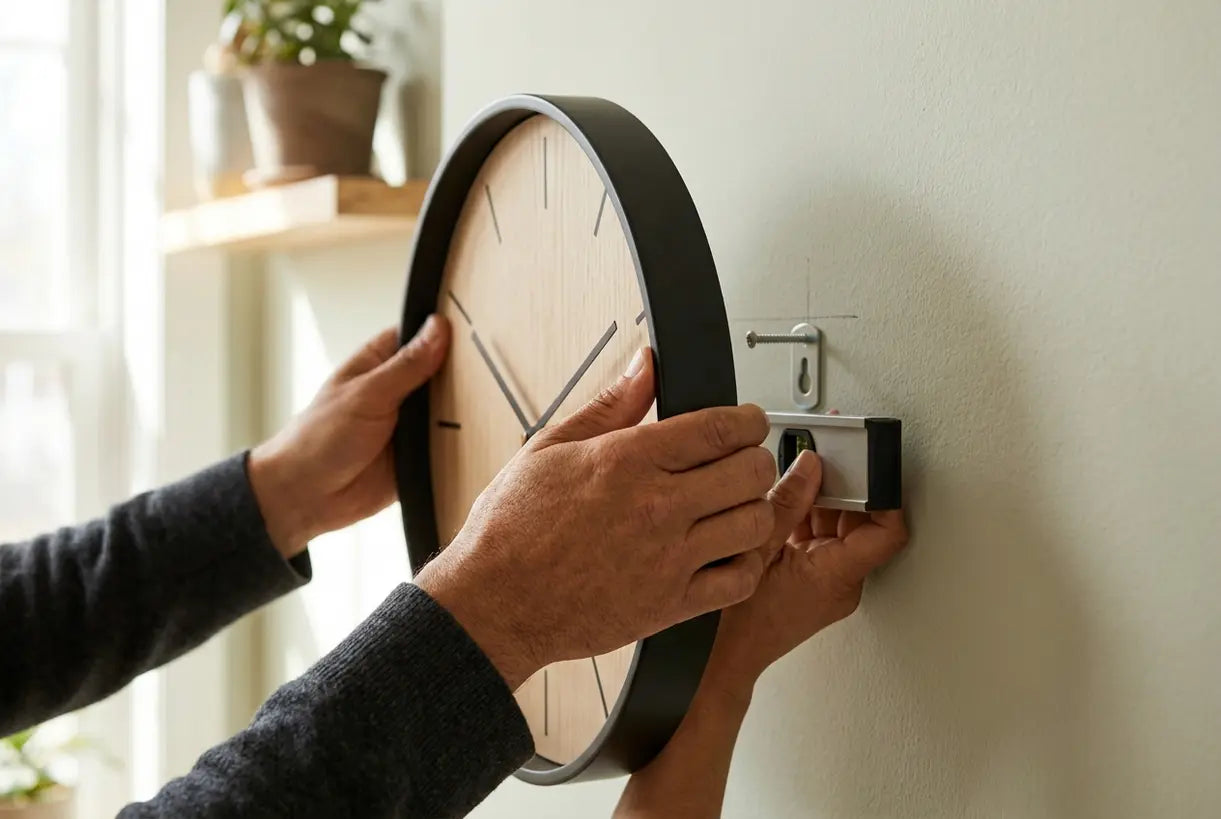 Hands mounting a minimalist Scandinavian wall clock on neutral wall with natural lighting