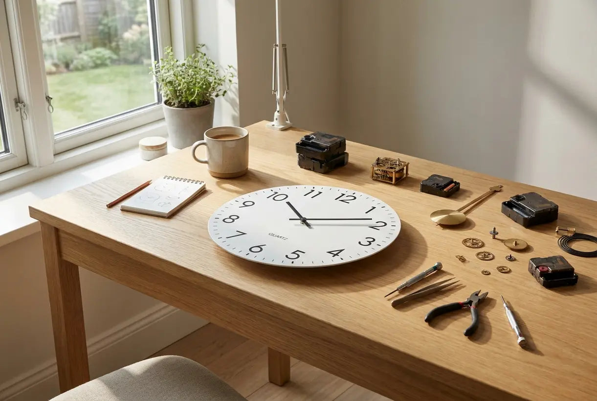 Scandinavian workspace with wall clock replacement parts and tools