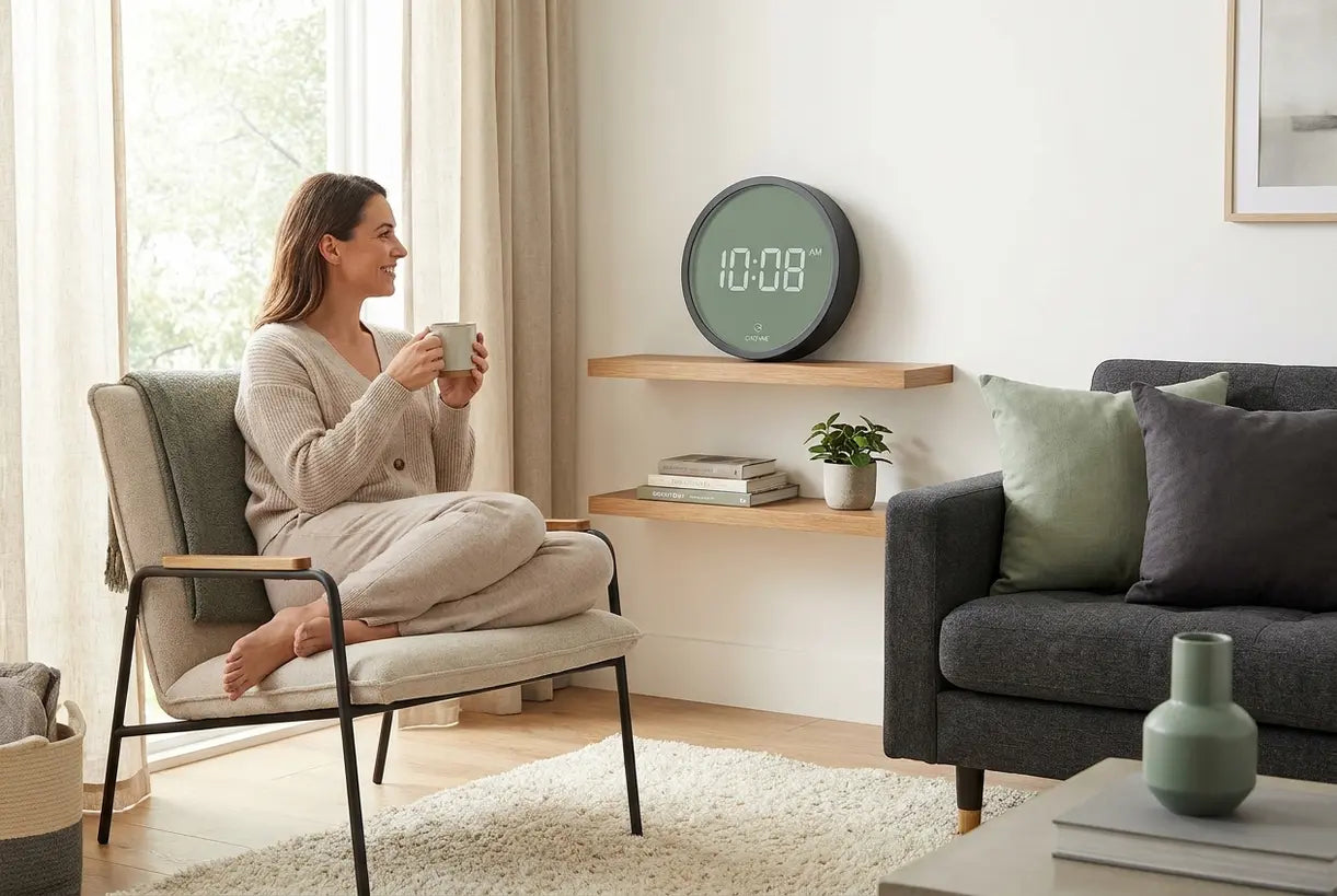 Contemporary living room with decorative digital clock on minimalist shelf