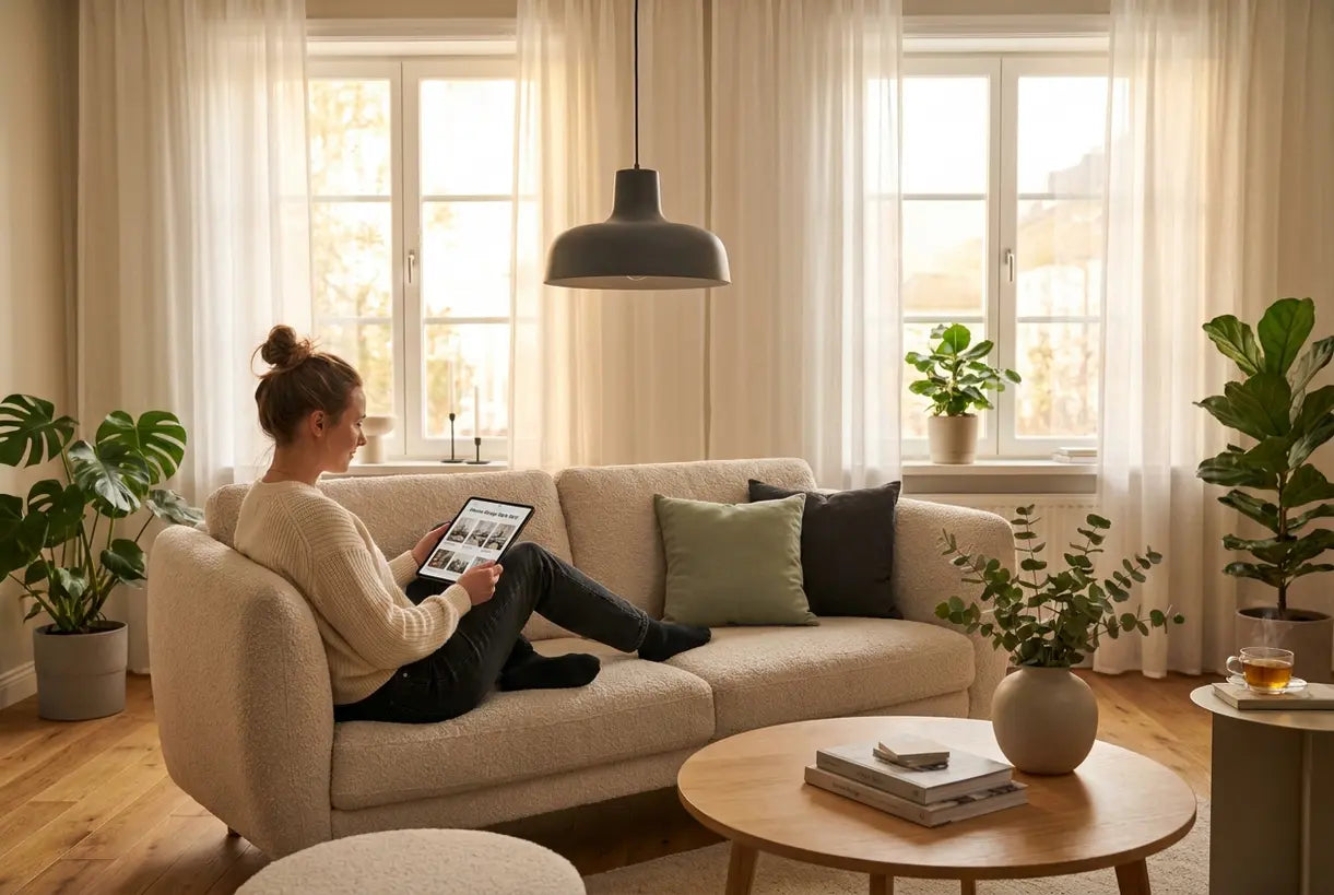 Woman discovering her interior design style in a Scandinavian inspired living room