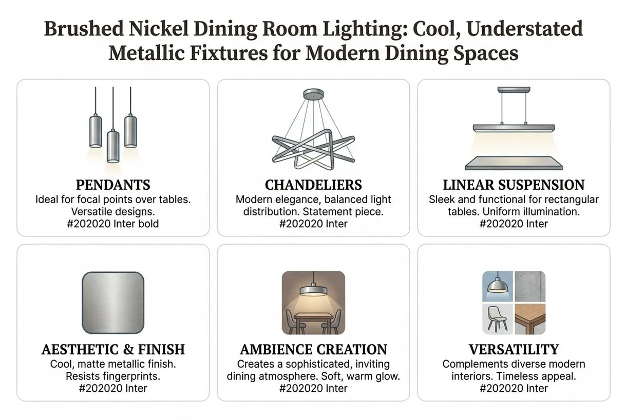 Brushed Nickel Dining Room Lighting: Cool, Understated Metallic Fixtures for Modern Dining Spaces - infographic