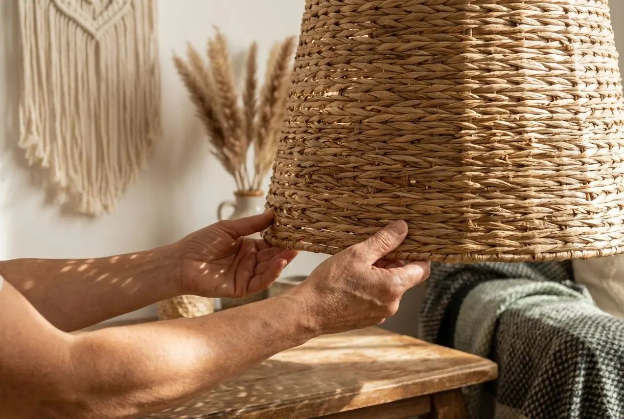 Handen stellen de gevlochten rotan kap van een boho-vloerlamp bij in natuurlijk licht