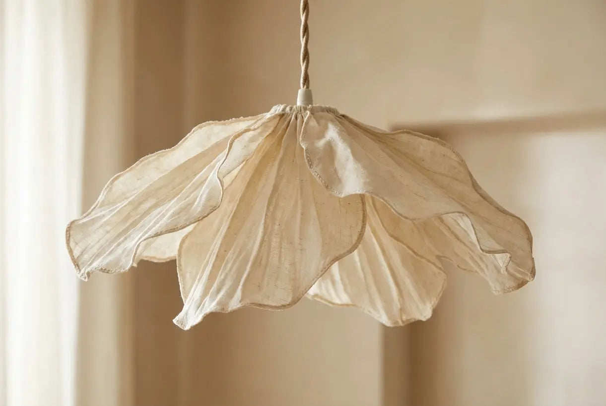Close-up van de stoffen textuur van een hanglamp met bloembladvormen, voor bloemvormige plafondlampen