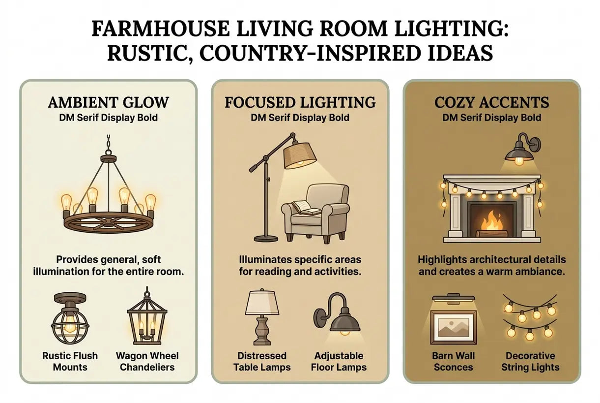 Farmhouse Living Room Lighting: Rustic, Country-Inspired Ideas for a Cozy Lounge - infographic
