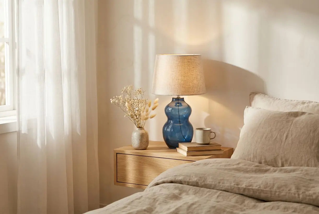 Tafellamp van blauw glas in een Scandinavische slaapkamer met warm sfeerlicht