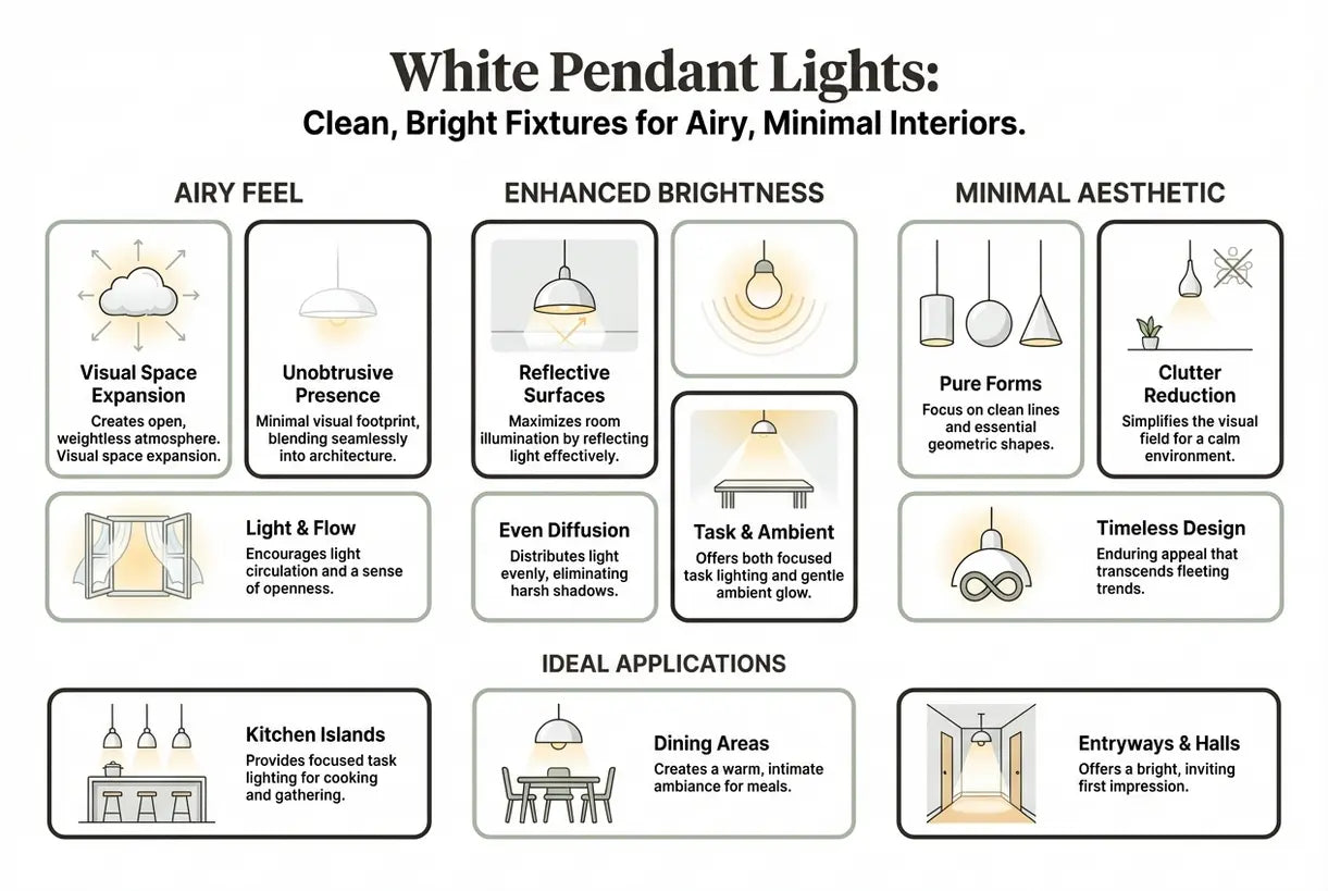 White Pendant Lights: Clean, Bright Fixtures for Airy, Minimal Interiors - infographic
