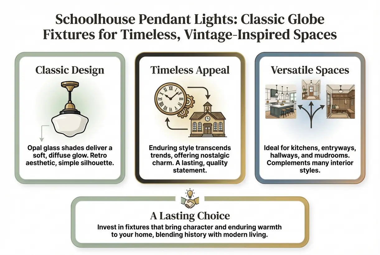 Schoolhouse Pendellampen: Klassieke Bolarmaturen voor Tijdloze, Vintage-Geïnspireerde Ruimtes - infographic