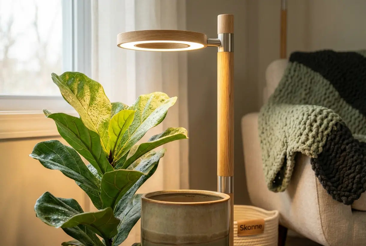 Vloerlamp kweeklamp die gezonde bladeren van kamerplanten verlicht met een warme LED-gloed