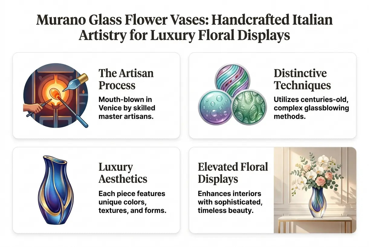 Murano Glas Blumenvasen: Handgefertigte italienische Kunst für luxuriöse Blumenarrangements – Infografik