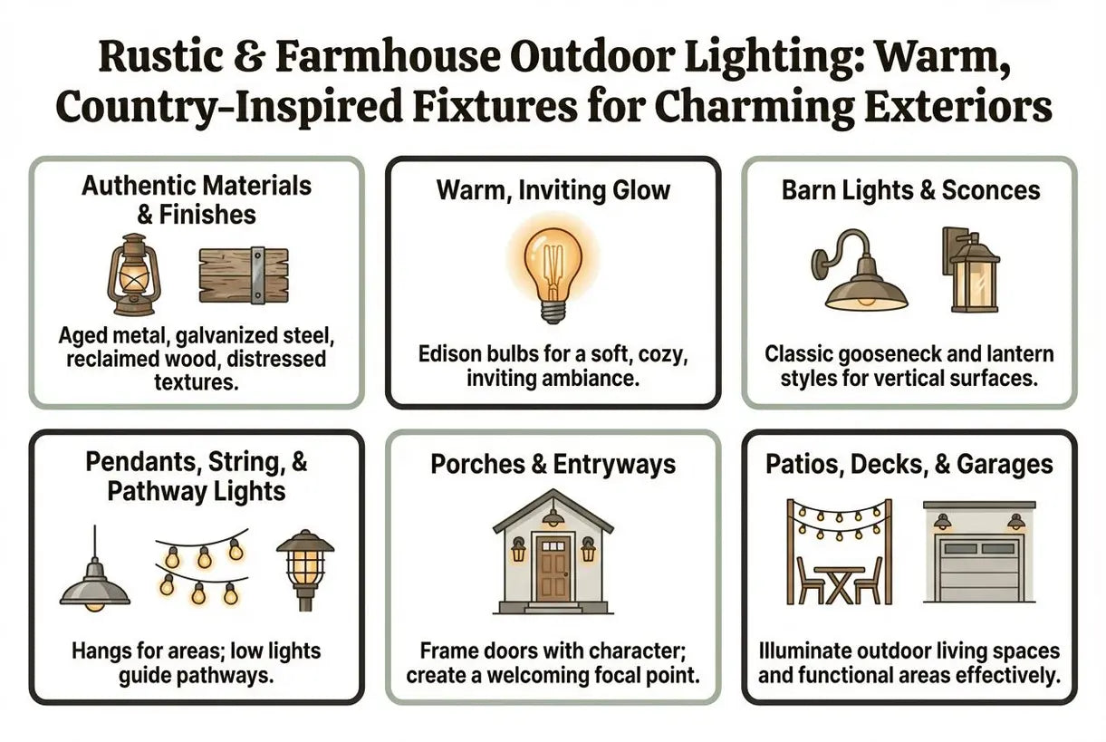 Rustieke & landelijke buitenverlichting: warme, landelijk geïnspireerde armaturen voor charmante exterieurs - infographic