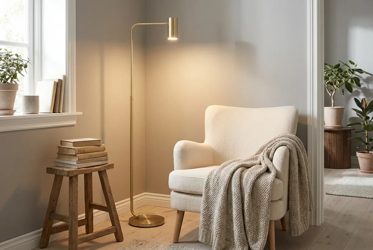 Slanke hoek staande lamp in kleine woonkamer creëert gezellige leeshoek met sfeervolle verlichting