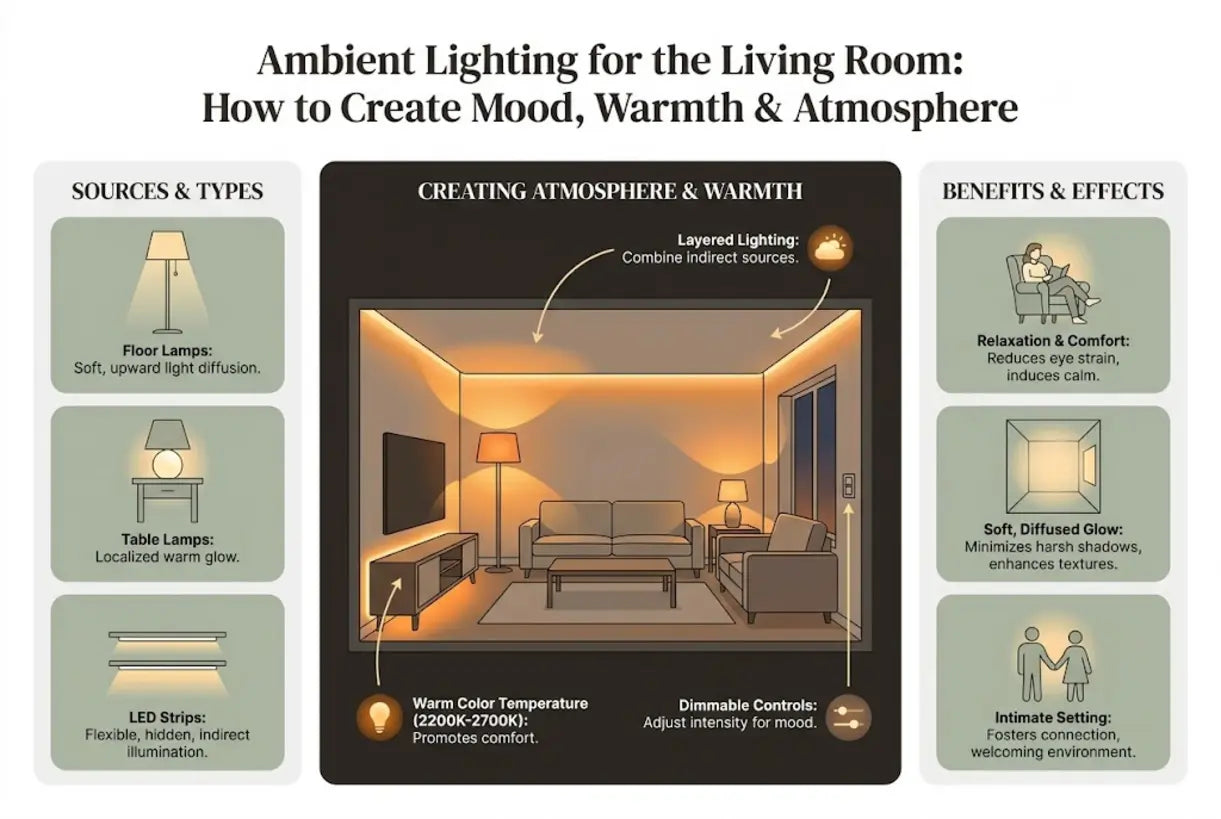 Ambient Lighting for the Living Room: How to Create Mood, Warmth & Atmosphere - infographic