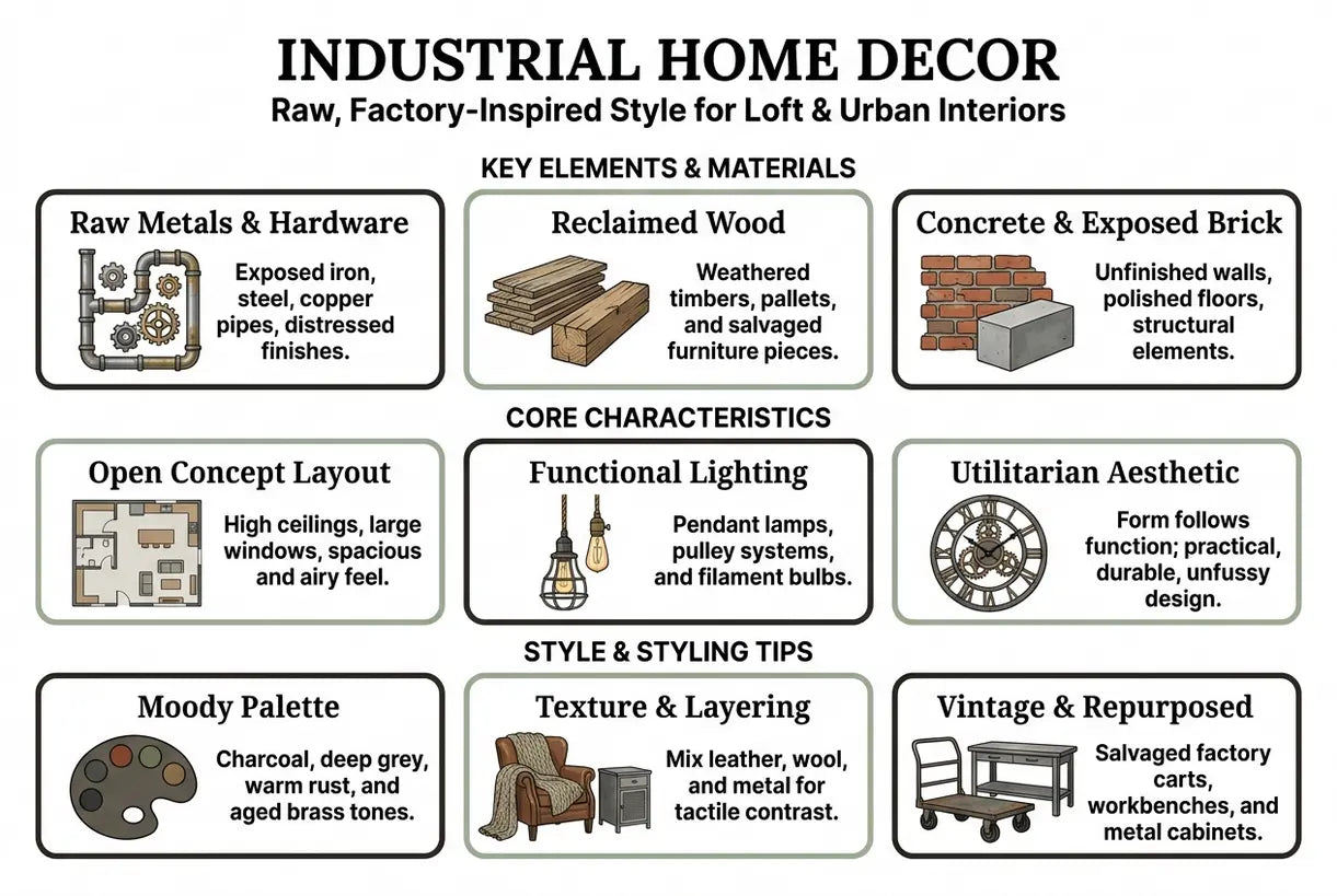 Industrial Home Decor: Raw, Factory-Inspired Style for Loft & Urban Interiors - infographic