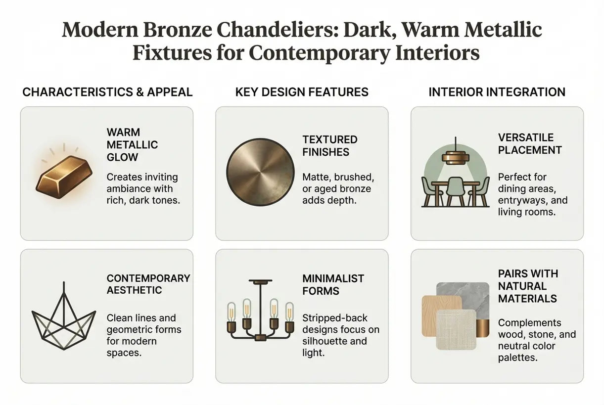 Modern Bronze Chandeliers: Dark, Warm Metallic Fixtures for Contemporary Interiors - infographic