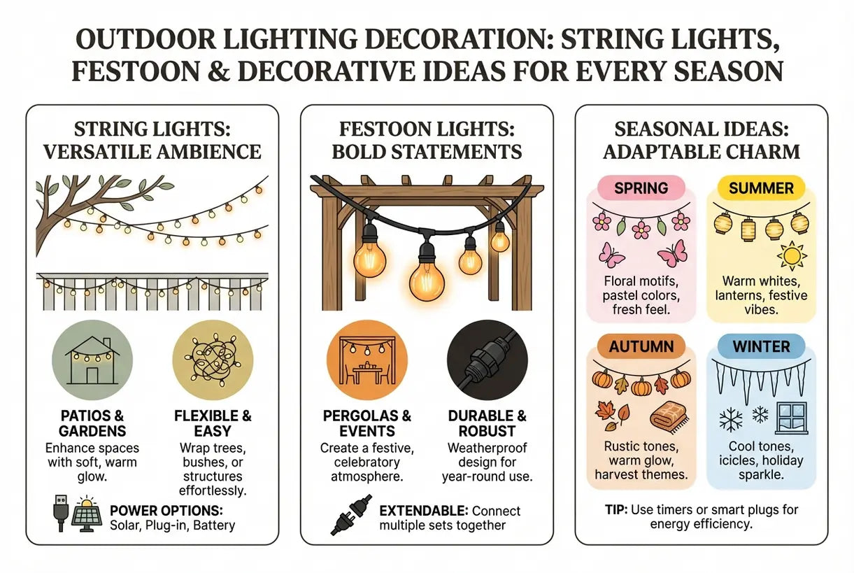 Decoratieve buitenverlichting: lichtsnoeren, prikkabels en decoratieve ideeën voor elk seizoen - infographic