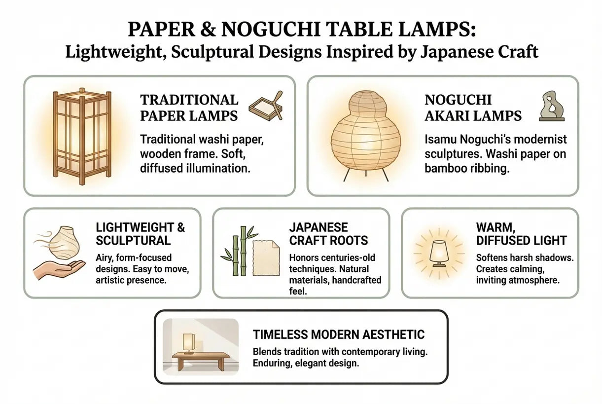 Papieren & Noguchi Tafellampen: Lichtgewicht, Sculpturale Ontwerpen Geïnspireerd op Japans Ambacht - infographic