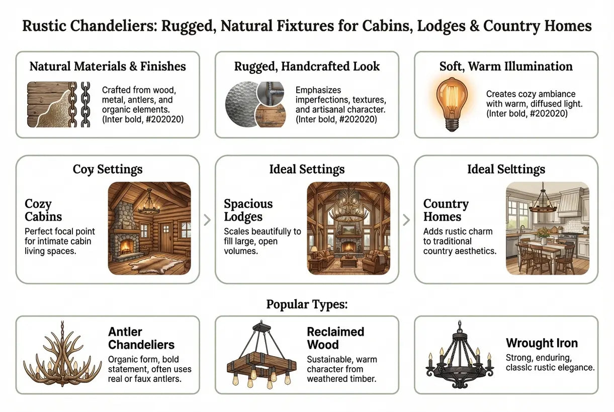 Rustieke Kroonluchters: Robuuste, Natuurlijke Armaturen voor Hutten, Lodges & Landhuizen - infographic