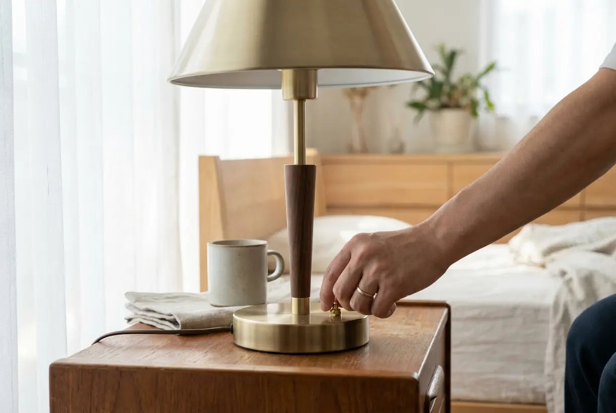 Hand verstelt messing mid-century moderne tafellamp schakelaar op Scandinavisch houten nachtkastje
