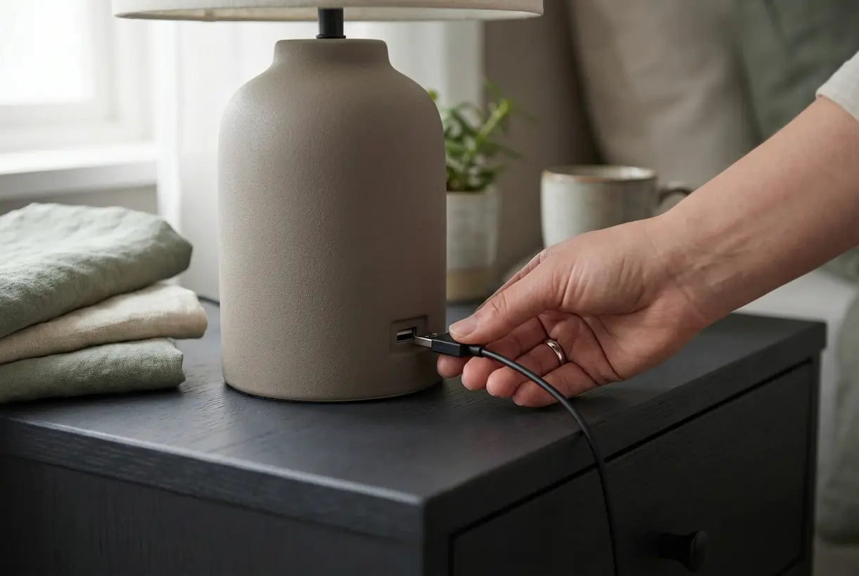 Hand die een USB-kabel in een tafellamp met ingebouwde oplaadpoort steekt, Scandinavische nachtverlichting