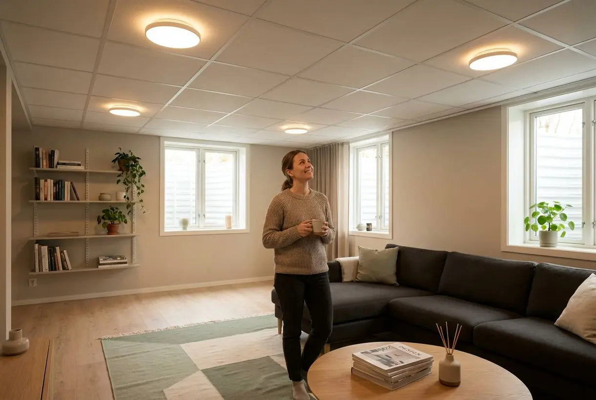 Moderne kelder met verlaagde plafondarmaturen en warm Scandinavisch overheadverlichtingsdesign